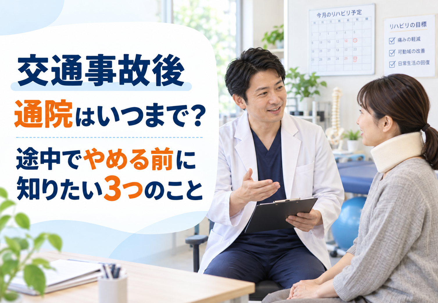 交通事故後、通院はいつまで?途中でやめる前に知りたい3つのこと|筑西市の方へ