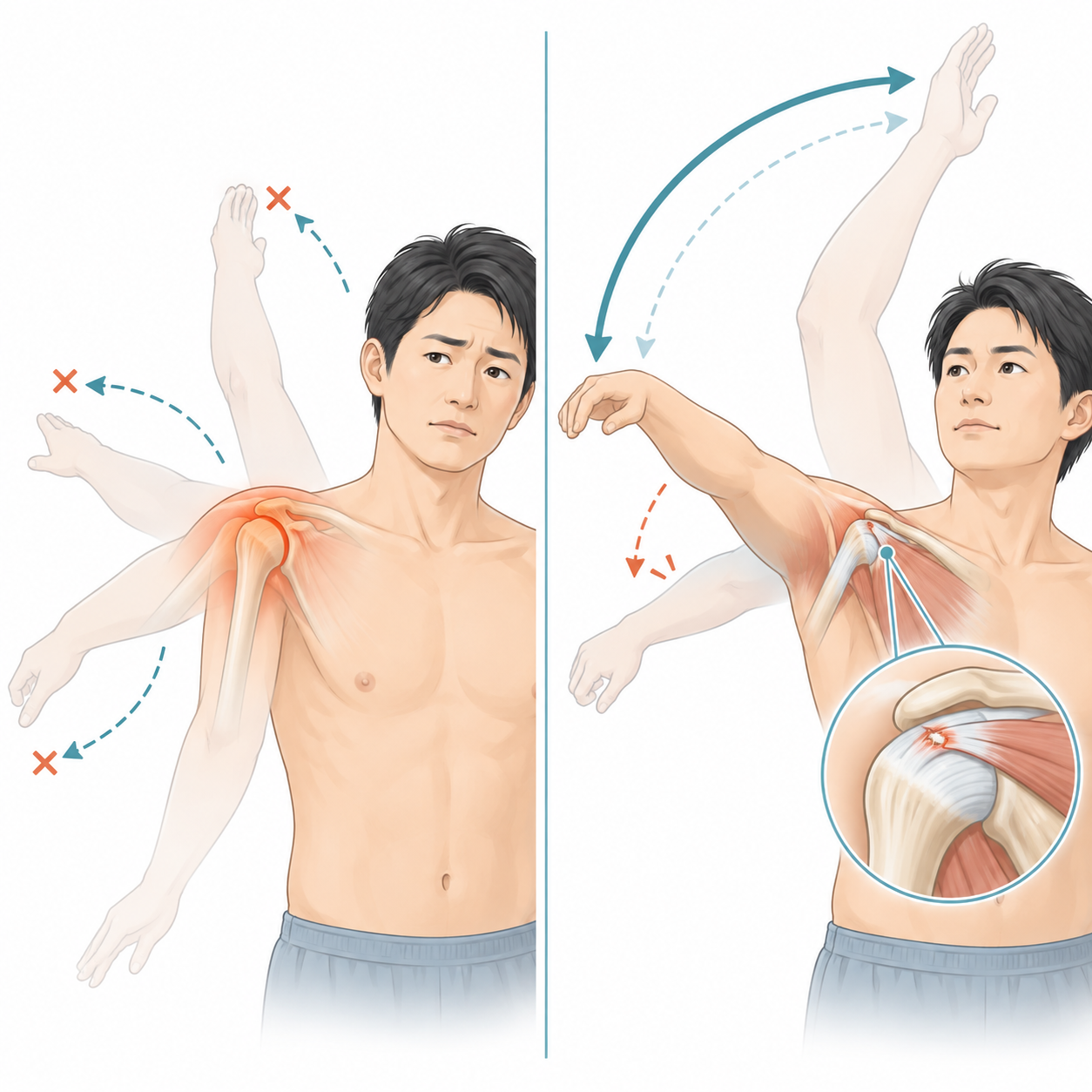 五十肩の可動域制限と腱板断裂の筋力低下を比較した肩の医療イラスト