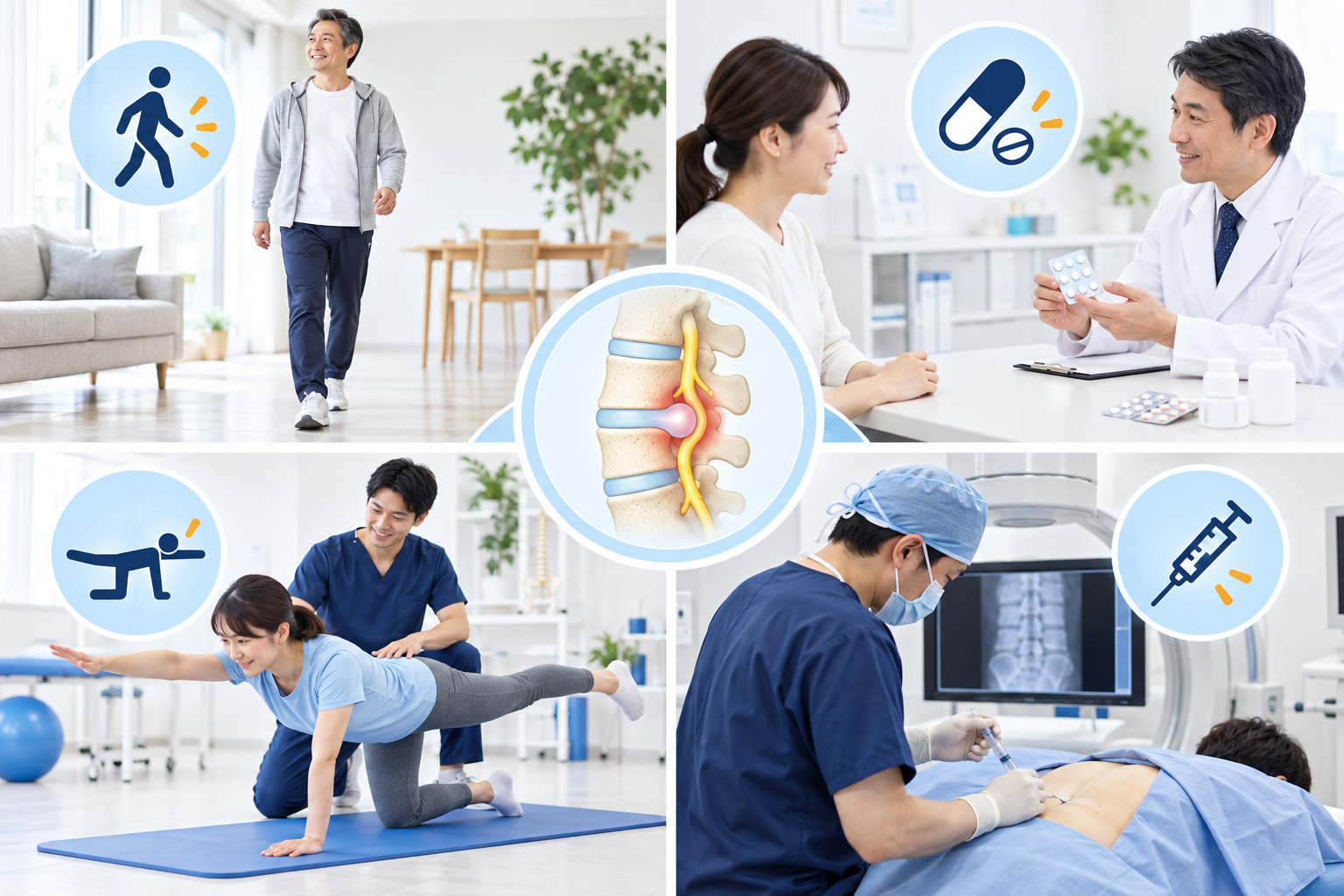 腰椎椎間板ヘルニアの活動調整、薬物療法、運動療法、注射治療を示す明るい医療イメージ