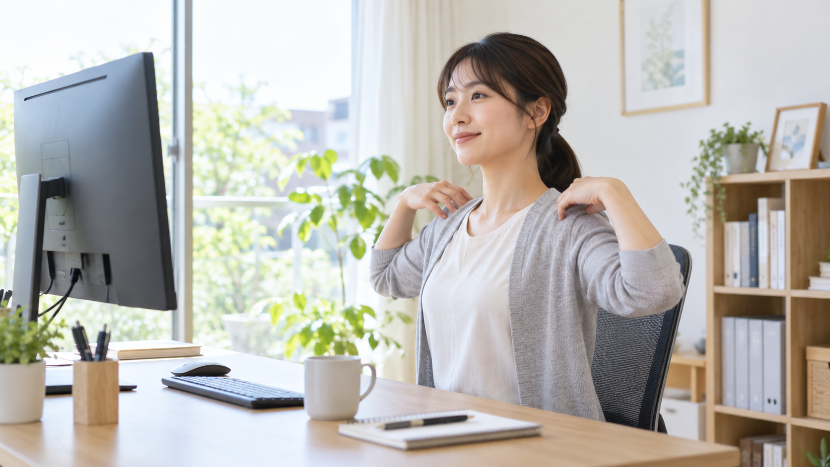 首に負担をかけにくいデスクワーク姿勢のイメージ