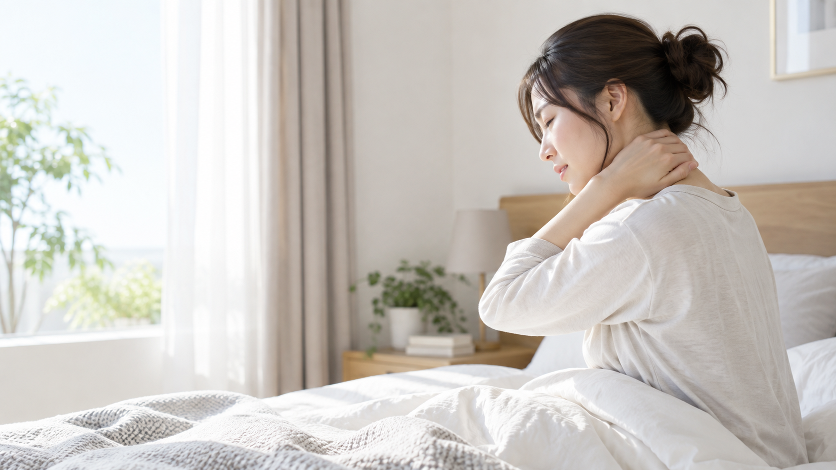 朝に首の痛みを感じる女性のイメージ