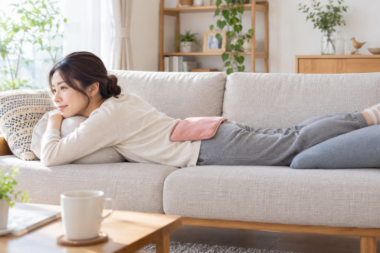 腰を支えながら楽な姿勢で休むイメージ