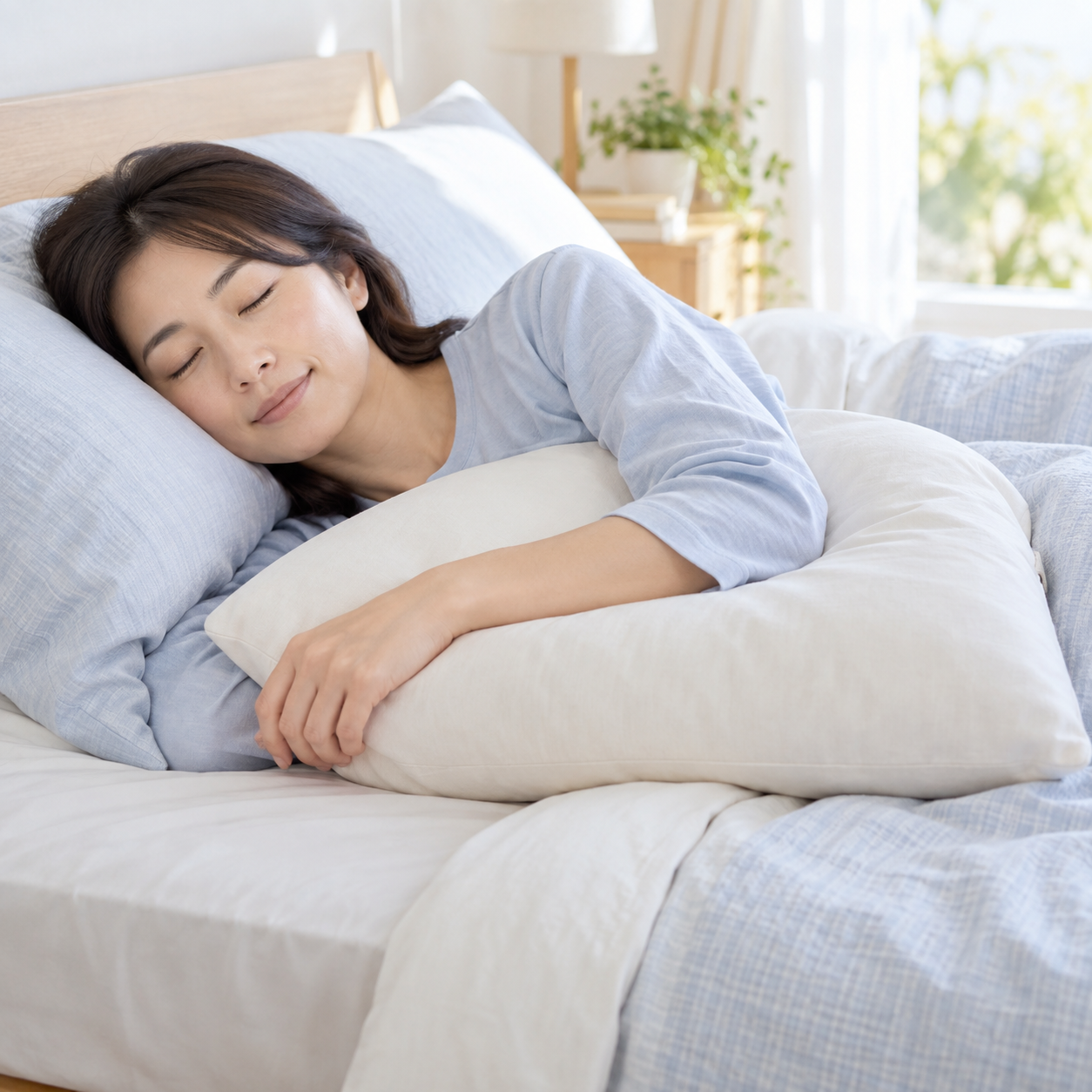 夜間に肩の痛みで目が覚める人の明るく穏やかなイメージ