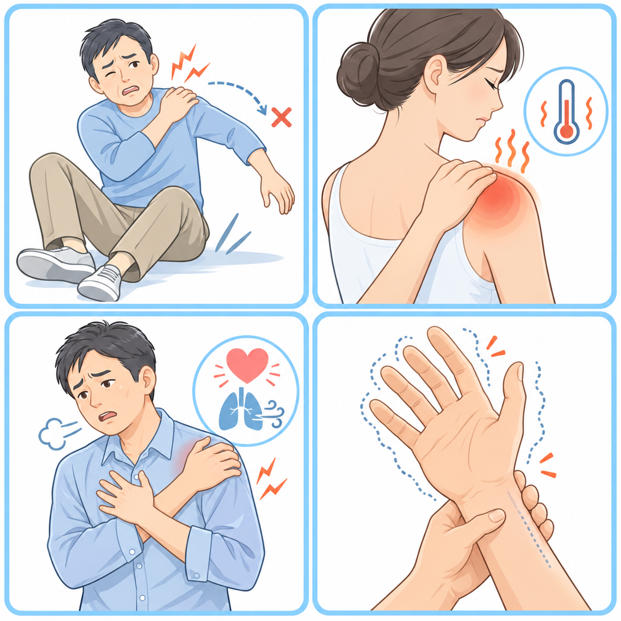 肩の外傷、発熱、胸部症状など早めの受診が必要なサインの医療イラスト