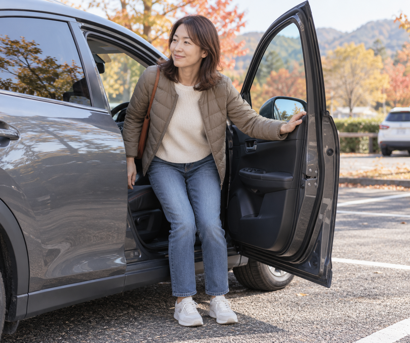 車から腰をひねらずに降りる場面