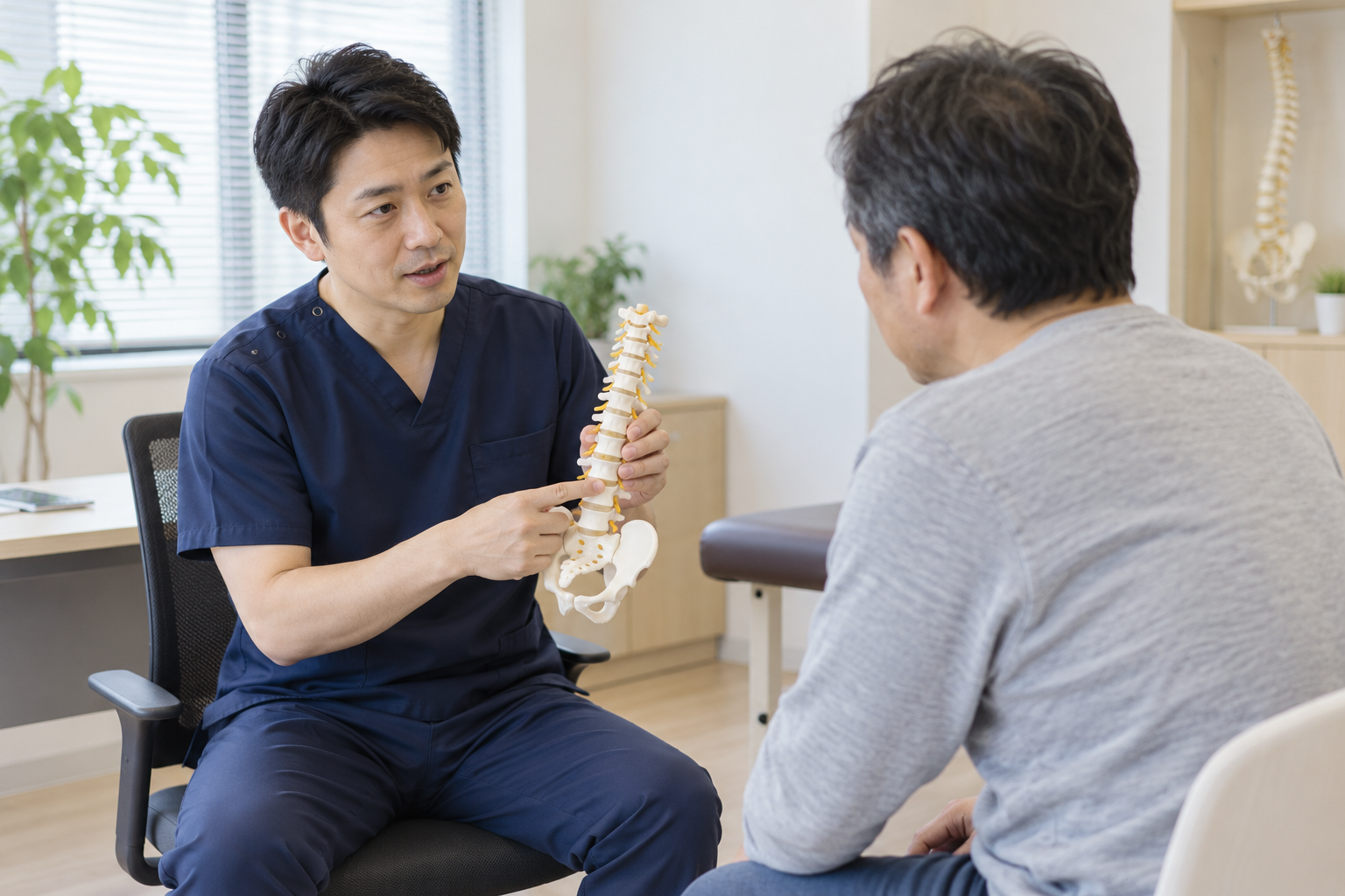 脊椎模型を使って腰の症状を説明する診察
