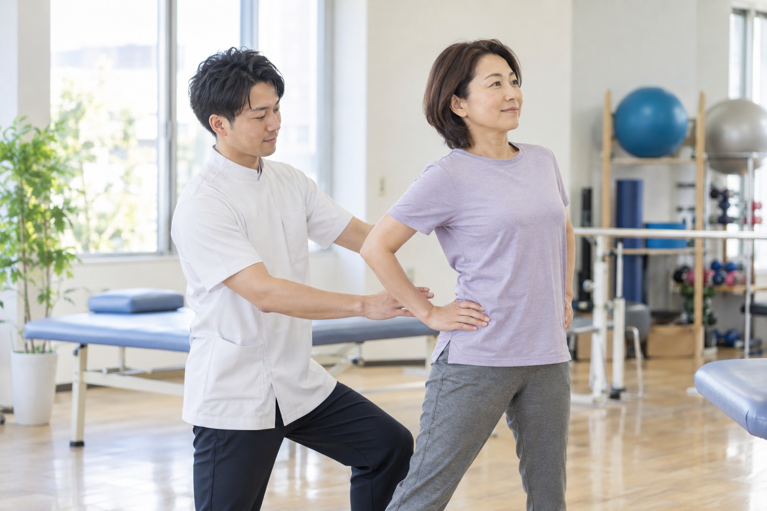 理学療法士と腰の動きを確認するリハビリ