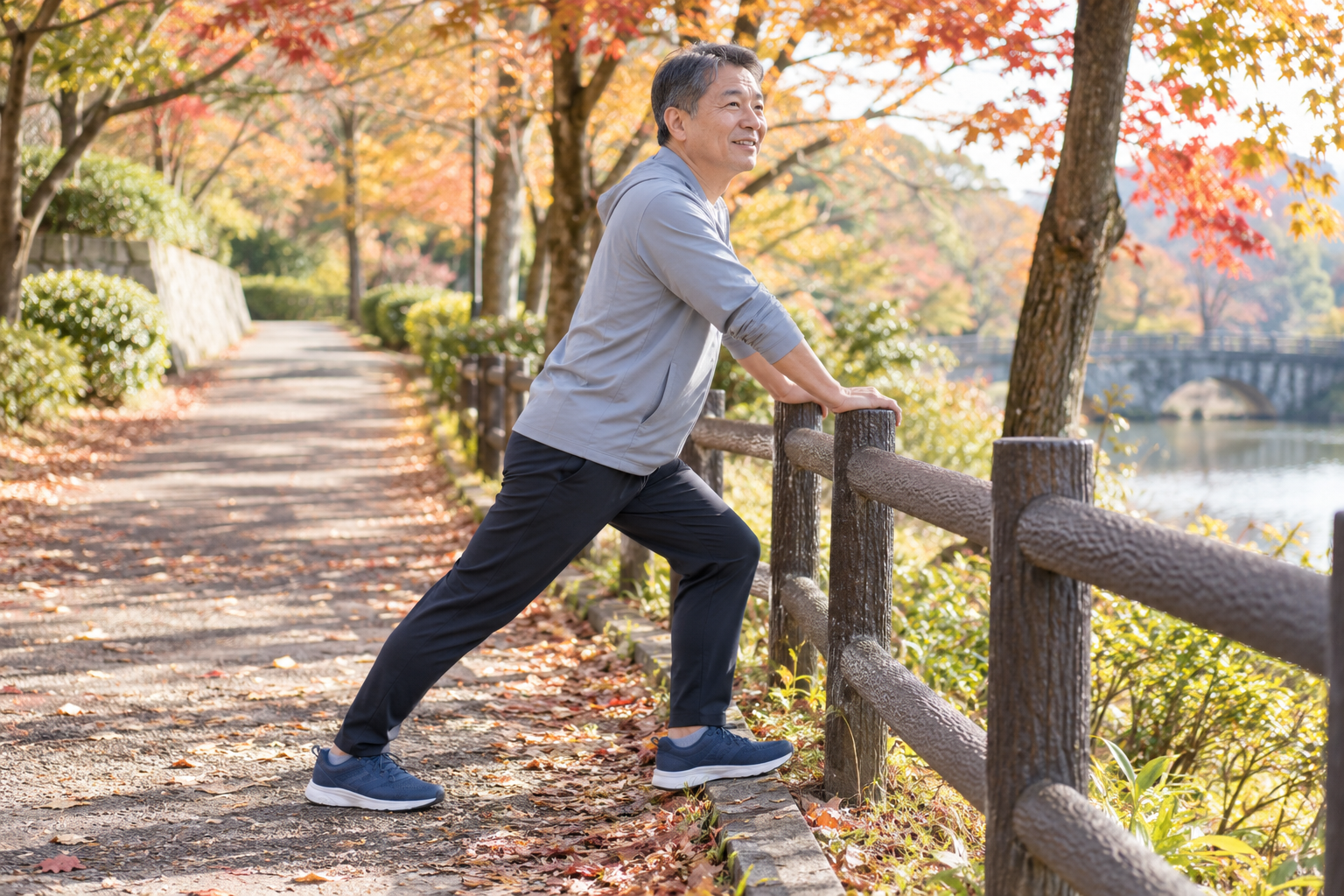 秋の散策で休憩しながら軽く体を動かす場面