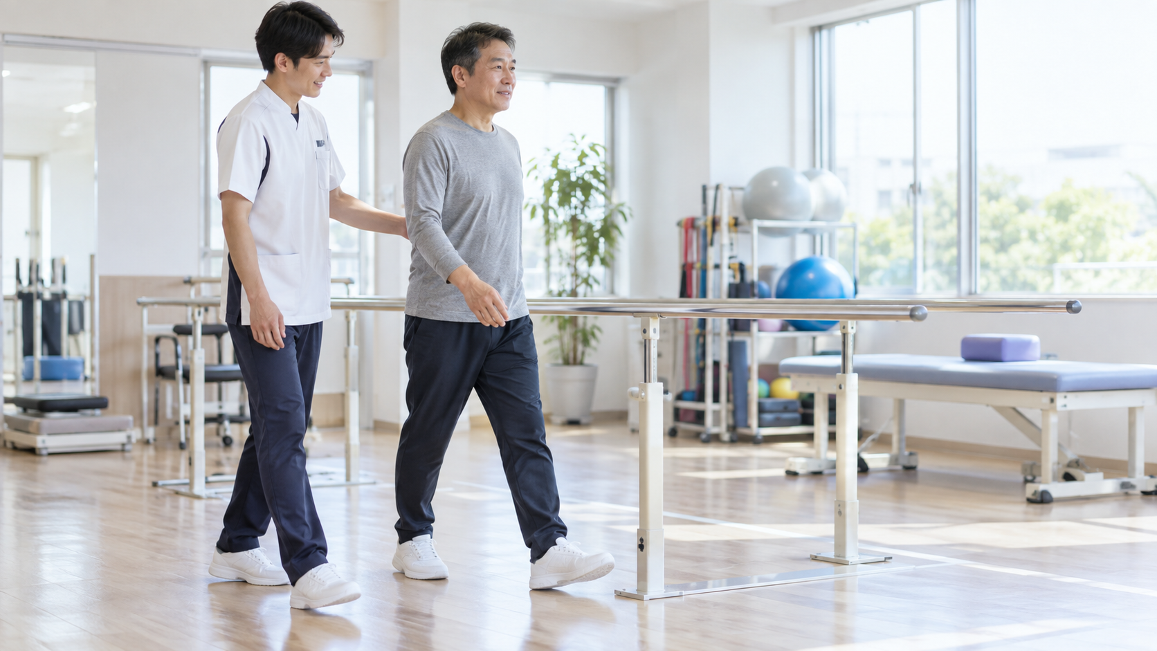 腰の症状に対して歩行練習を行うリハビリ