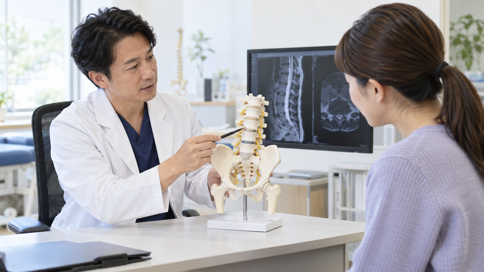 脊椎模型を用いて腰と脚の症状を説明する医師